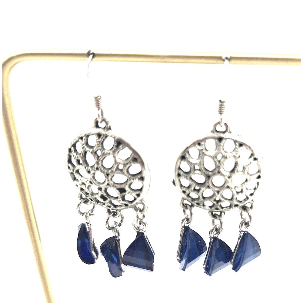 Chandelier Earrings Silver Tone Blue Acrylic Stones Fish Hook Earwires
